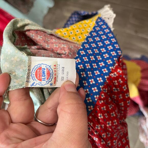 70~80's USA Flower Motif Pattern Colorful Tiered Union Made Chore Dress Sz L - Picture 8 of 10